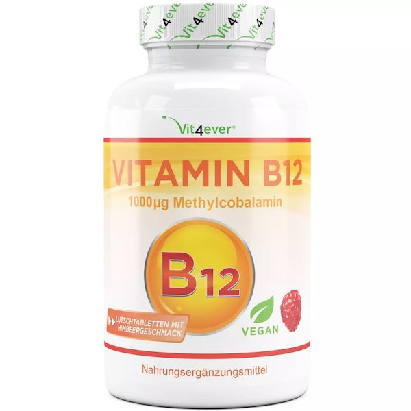 B12 Vitamin med hindbærsmag, aktiv Methylcobalamin, 1.000 µg - 365 sugetabletter