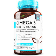 Indlæs billede til gallerivisning Omega-3, ren fiskeolie - 2000 mg - 240 softgel kapsler fra Nutravita
