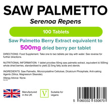 Indlæs billede til gallerivisning Saw Palmetto 500 mg - prostata sundhed - 100 tabletter fra Lindens
