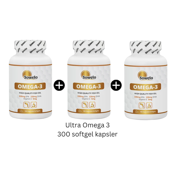 Omega-3, ren fiskeolie - 1000 mg - 300 softgel kapsler (3x100) fra Sowelo