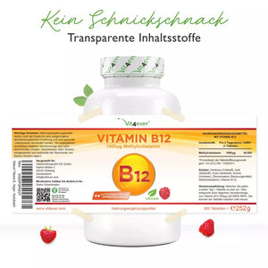 B12 Vitamin med hindbærsmag, aktiv Methylcobalamin, 1.000 µg - 365 sugetabletter