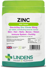 Indlæs billede til gallerivisning Zinktilskud - Zinc Citrate 50 mg - 1000 tabletter fra Lindens

