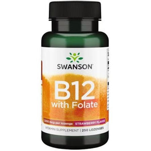B12-vitamin - 1.000 mcg, og Folate 400 mcg, med jordbærsmag - 250 sugetabletter fra Swanson