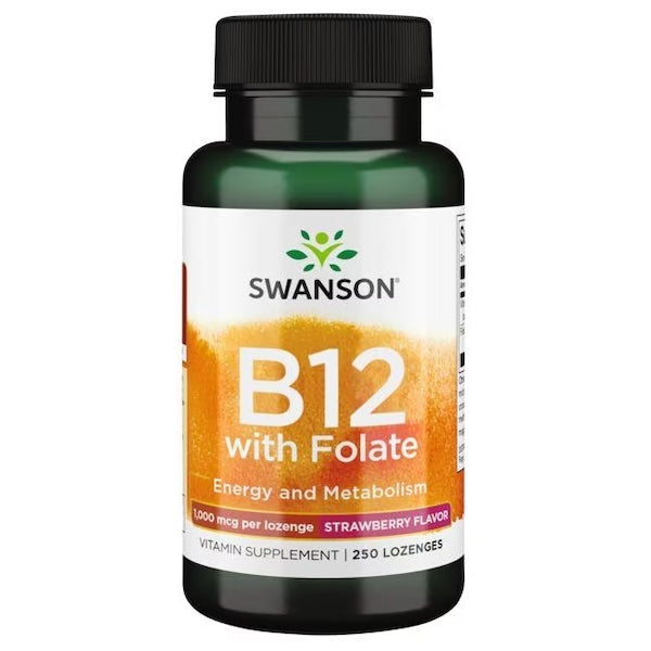B12-vitamin - 1.000 mcg, og Folate 400 mcg, med jordbærsmag - 250 sugetabletter fra Swanson