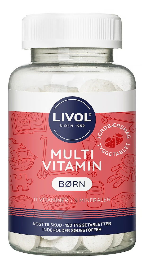 Multivitamin til børn, med jordbærsmag, 150 tabletter fra Livol