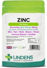 Indlæs billede til gallerivisning Zinktilskud, Zinc Citrate - 50 mg - 100 tabletter fra Lindens
