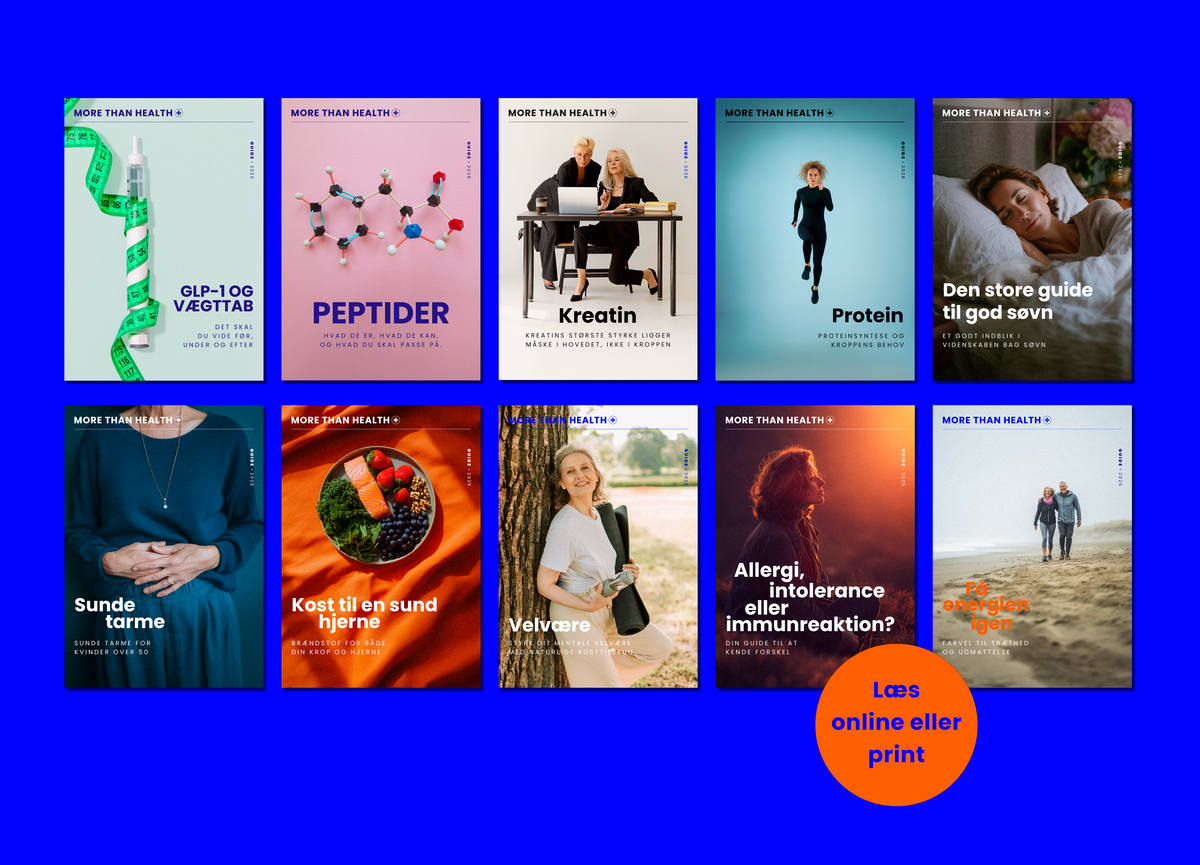 Forsider til ti guidebøger fra More Than Health om GLP-1 og vægttab, peptider, kreatin, protein, søvn, sunde tarme, kost til hjernen, velvære, allergi og energi. Læs online eller print.